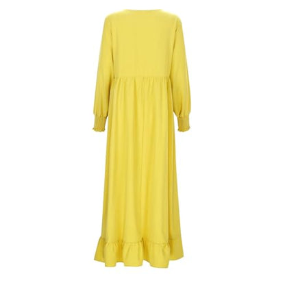 Abaya Ladies Muslim Dress Long Sleeve Maxi Islamic Kaftan Dubai Robe Modest Ramadan Eid Belted Solid Color A9 - color: Yellow, size: Small