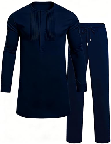 Mens African 2 Piece Set Nigerian Dashiki Traditional Suit Pleated Snap Button Shirts and Pants Outfit - color: Navy Blue, size: X-Large