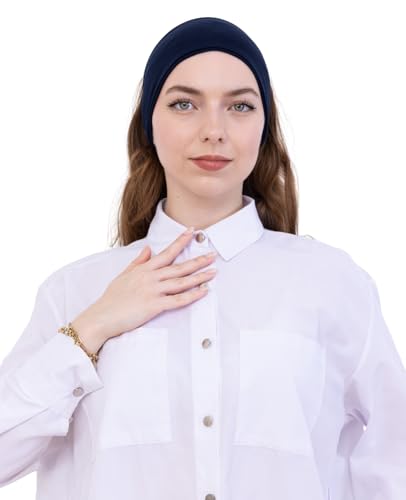 Prien Women Cotton Hijab Cap, Stretchy Head Cover, Pre-Sewn Inner Muslim Scarf Undercap, Non Slip Headband for Daily Wear - color: Navy Blue
