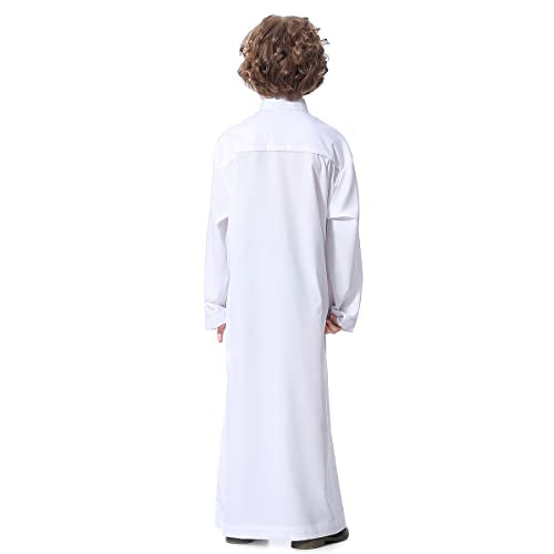 Boy's Muslim Arab Islamic Kaftan Embroidered Robe Solid Color Thobe Islamic Arabic Abaya Ethnic Dress With Pockets - color: White Button, size: 4-5T