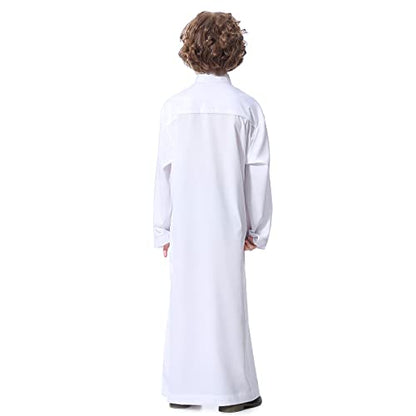 Boy's Muslim Arab Islamic Kaftan Embroidered Robe Solid Color Thobe Islamic Arabic Abaya Ethnic Dress With Pockets - color: White Button, size: 5-6 Years