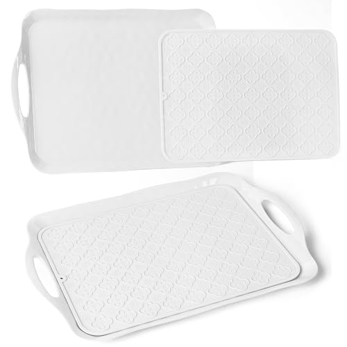LEHAHA 17.25" x 12" Serving Trays Set of 2 White, Dinner Tray, Light Weight Easy to Clean Sturdy Stackable Melamine Serving Platter with Handle, Fruit, Snacks, and Desserts Trays.Mats Included - color: White