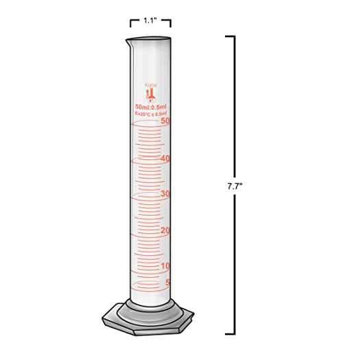 50ml Graduated Cylinder, Borosilicate 3.3 Glass, Single Metric Scale, Class B, Karter Scientific 246H7 (Pack of 2) - size: 50ml, style: Pack of 2