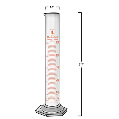 50ml Graduated Cylinder, Borosilicate 3.3 Glass, Single Metric Scale, Class B, Karter Scientific 246H7 (Pack of 2) - size: 50ml, style: Pack of 2