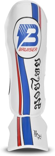Shin Guards with Instep, Blue & White, Unisex Adult, for Kickboxing, Muay Thai, MMA, Sparring, Taekwondo Training - size: Large