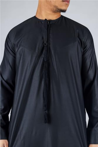Men's Thobe Emirati Omani Jubba Islamic Clothing Muslim Kaftan Eid Robe String Tassel|Black - color: Black Regular, size: XX-Large