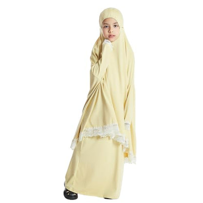 Kids Girls Abaya Muslim Full Cover Lace Hijab Dress Kaftan Dubai Islamic Prayer Dress, 2pcs Set - color: Cream Yellow, size: 6-7 Years