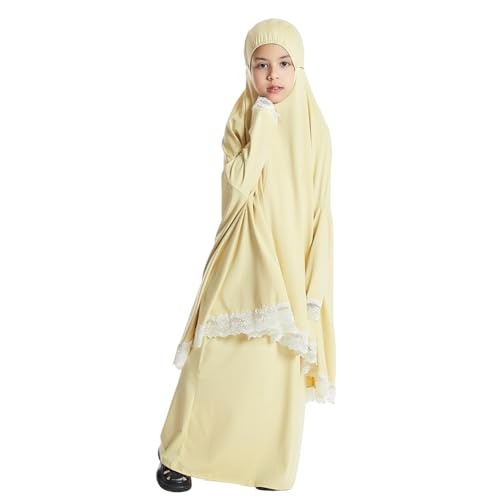 Kids Girls Abaya Muslim Full Cover Lace Hijab Dress Kaftan Dubai Islamic Prayer Dress, 2pcs Set - color: Cream Yellow, size: 9-10 Years