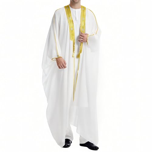 Men's Kaftan - Muslim Robe Thobe Caftan - color: White and Yellow Gold, size: Medium