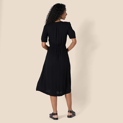 Amazon Essentials Women's Relaxed Fit Half-Sleeve Breathable Button Front Drawstring Waist Midi A-Line Dress with Pockets - color: Black, size: Large