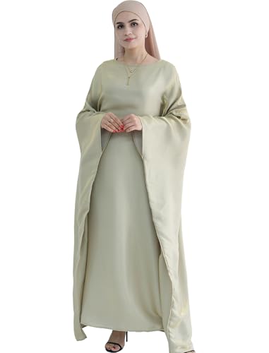 Dubai Bat Sleeve Dress Shiny Robe for Women Muslim 1pc Abaya Eid Prayer Clothes Soft Dubai Travel Party Dress Maxi Abaya - color: Beigea, size: Medium