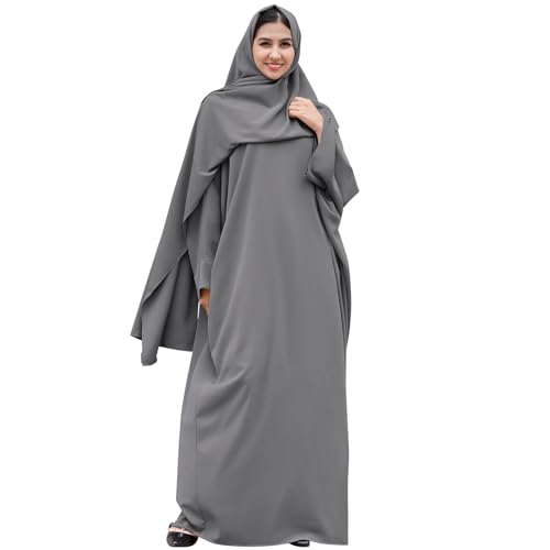 IDOPIP Abayas for Women Muslim Dress with Hijab, One-Piece Long Sleeve Islamic Prayer Dress with Khimar Jilbab Kaftan Clothes - color: Gray + Hijab