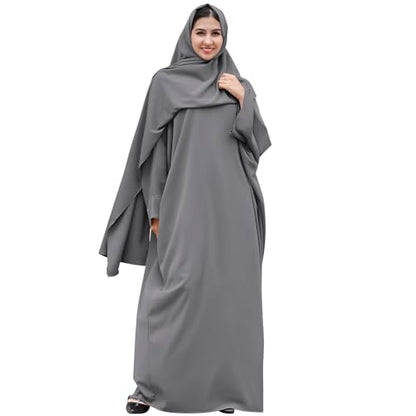 IDOPIP Abayas for Women Muslim Dress with Hijab, One-Piece Long Sleeve Islamic Prayer Dress with Khimar Jilbab Kaftan Clothes - color: Gray + Hijab