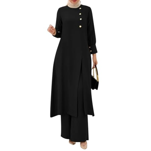 IDOPIP Abaya Dress for Women Muslim Set Long Sleeve Ramadan Islamic Dress Shirt with Pants 2PCS Dubai Prayer Casual Clothes - color: Black - Split, size: 3X-Large
