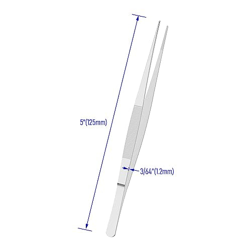 5" Stainless Steel Tweezers, Straight Pointed, 3/64" Thick | Serrated Tip, Perfectly Aligned, Multipurpose Daily Garden Home Lab Craft Repairing Tool - size: 5"L(3/64"T)