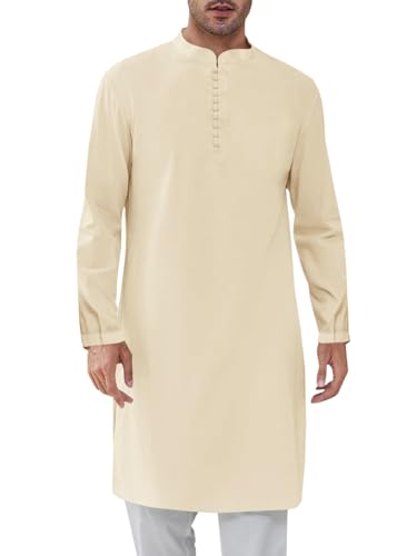 Runcati Mens Kaftan Thobe Button Down Henley Shirts Robe Long Sleeve Casual Cotton Linen Muslim Gown Shirt - color: Beige, size: X-Large