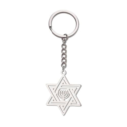 VASSAGO Star of David Keychain for Women Men Jewish Star Menorah Keyring Stainless Steel Hanukkah Keychain Religious Jewelry - color: Silver