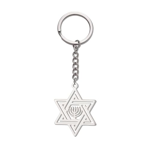 VASSAGO Star of David Keychain for Women Men Jewish Star Menorah Keyring - color: Silver
