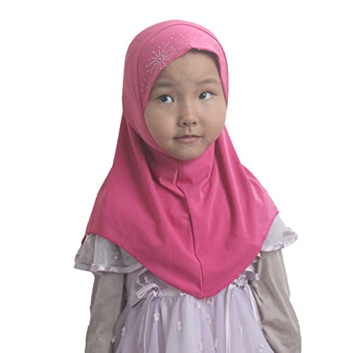 Girls Kids Muslim Hijab Islamic Scarf, Shawl with Rhinestone, Ready-to-Wear Daily Scarf for Ages 3-8 - color: Rose Red