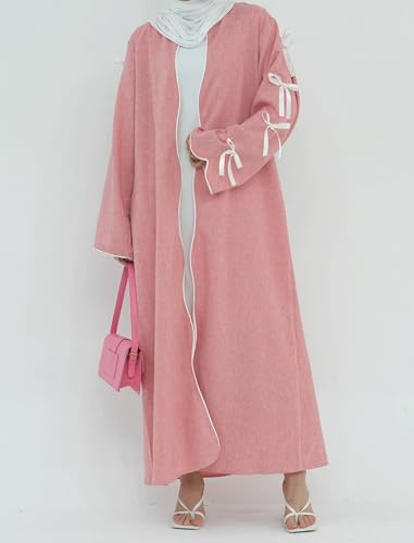 ODIZLI Women's Eid Abaya Dresses Long Sleeve Open Front Pearl Bowknot Prayer Dress Ramadan Cardigan Dubai Kaftan - color: Pink, size: Small