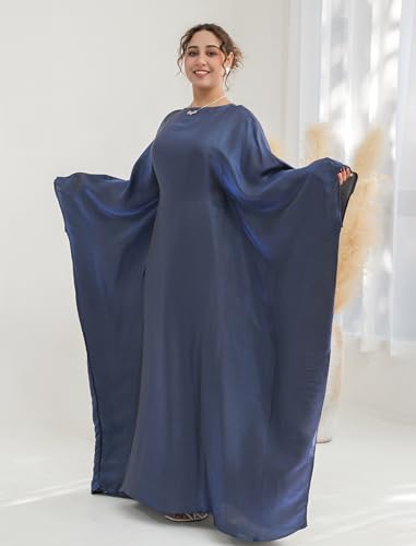 Dubai Bat Sleeve Dress Shiny Robe for Women Muslim 1pc Abaya Eid Prayer Clothes Soft Dubai Travel Party Dress Maxi Abaya - color: Navya, size: Large