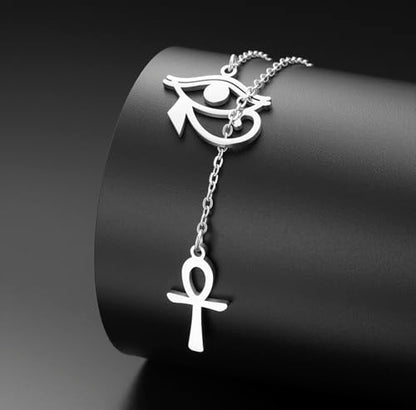 Ankh Cross Y Necklace Key of Life Eye of Horus Pendant Cartouche Long Chain Protection African Coptic Amulet Ancient Egyptian Religious Jewelry Gift for Women Men - color: Ankh Cross Eye of Horus silver
