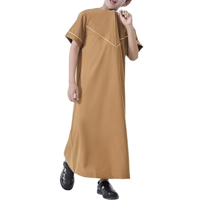Boys Short Sleeve Muslim Thobes Islamic Kids Half Zipper Eid Traditional Prayer Kaftan Thobes Toddler Abaya Clothes - color: Khaki, size: 5-6 Years