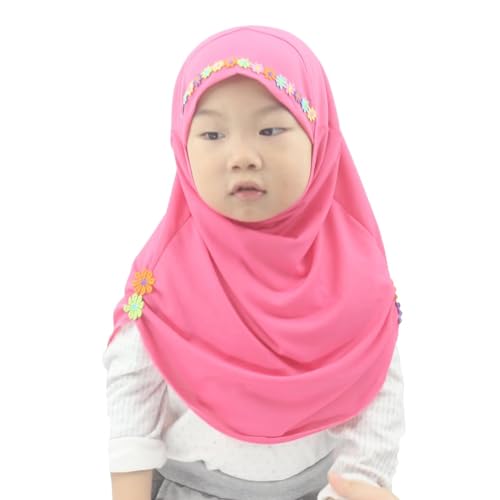 Girls Instant Hijab – Soft Kids Muslim Scarf with Flower, Breathable One-Piece Headscarf for Toddlers Age 2-8 - color: Small Flower-rose
