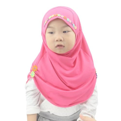 Girls Instant Hijab – Soft Kids Muslim Scarf with Flower, Breathable One-Piece Headscarf for Toddlers Age 2-8 - color: Small Flower-rose