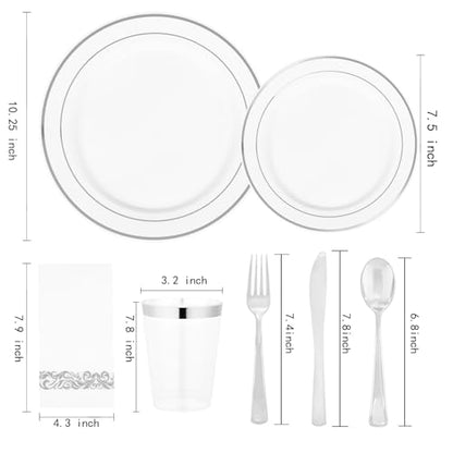 Supernal 400pcs Silver Plastic Dinnerware Set Heavy Duty Disposable Plates Include Silver Plastic Dessert Plates,50 Spoons & Knives & Cups & Napkins & 100 Forks,Prfect For Party and Wedding - color: 400pcs White and Silver Plastic Dinnerware