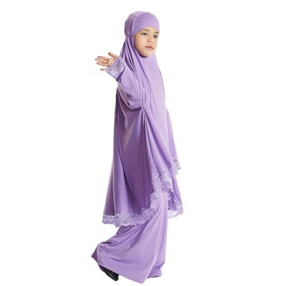AWIBMK Girls Abaya Dubai Kaftan Prayer Dress and Full Cover Lace Hijab Kids Muslim Robe Ramadan Dresses Modest Clothing - color: Purple, size: 7-8 Years