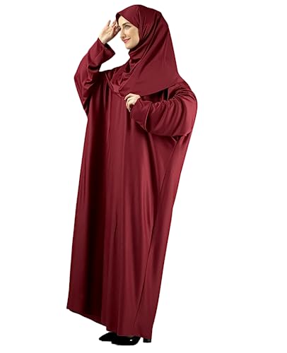 Women Prayer Clothes with Hijab Muslim Outfits Long Robe Abaya Turkish Islamic Dresses Dubai Kaftan with Rosary - color: Burgundy
