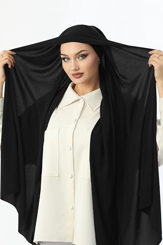 Instant Hijab 여성용 스카프 - 프리미엄 헤비 크레이프 (메디나) 헤드 스카프 랩 - 실용적인 무슬림 인스턴트 히잡 - color: 블랙 M1