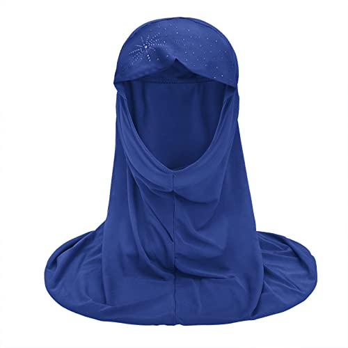 Girls Muslim Hijab Floral Lace Head Scarf Kids Islamic Arab Scarf Shawls Head Wrap with Flowers - color: Navy Blue (With Rhinestone)