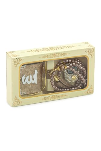 ihvan online Mini Velvet Quran Set with Islamic Finger Counter, Portable Digital Tasbeeh, Muslim Prayer Beads, Pearl Zikirmatic Beads, 3 Pieces Gift Set for Mevlüt (Gold) - color: Gold