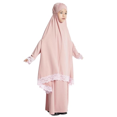 IBTOM CASTLE Little Girls Muslim Prayer Dress Abaya Long Sleeve Full Cover Lace Hijab Kaftan Dubai Islamic Modest Eid Jilbab - color: Pink, size: 9-10 Years
