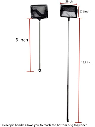 Fish Net for Fish Tank,2.5 Inch Deep Mesh Scooper with Extendable Handle up to 15.7 Inches Long Large Scoop, Telescopic Pond Skimmer Nets for Cleaning Tanks as Aquarium Accessories