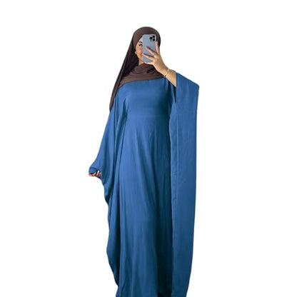 Abaya Dress for Women Soft Crepe Like Linen Khimar Butterfly Batwing Dubai Islam Muslim Kaftan Modest Prayer Dress - color: Blue, size: Medium
