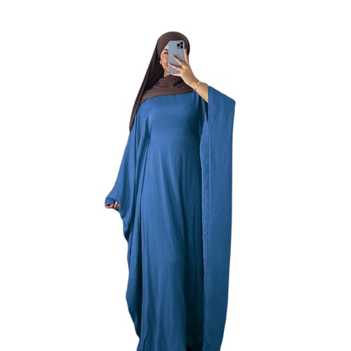 Abaya Dress for Women Soft Crepe Like Linen Khimar Butterfly Batwing Dubai Islam Muslim Kaftan Modest Prayer Dress - color: Blue, size: Medium