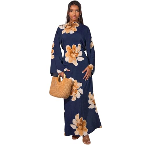 FYMNSI Womens Muslim Dresses Bell Sleeve Floral Butterfly Abaya Modest Dubai Kaftan Islamic Dress Eid Ramadan Prayer Clothes - color: Dark Blue, size: Small