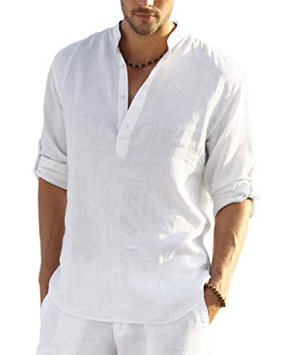 COOFANDY Men's Cotton Linen Henley T-Shirt Long Sleeve Hippie Casual Beach T-Shirts - color: 01-white, size: 5X-Large