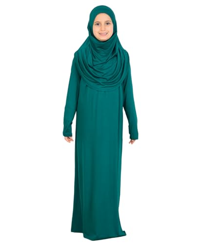 Prien Kids Muslim Prayer Dress With Hijab & Pouch, Soft Viscose Abaya For Girls, Islamic Clothes, Robe For Eid, Ramadan - color: Emerald