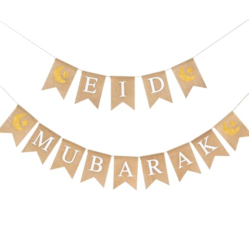Eid Mubarak Burlap Banner,Pre-Strung Ramadan Linen Bunting Banner with Golden Star Moon Muslim Ramadan Decorations for Home Mantel Fireplace Decor - color: Eid Mubarak