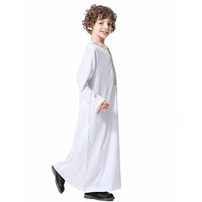 OBEEII Boy's Muslim Arab Solid Color Thobe Long Sleeve Kaftan Embroidered Robe Islamic Arabic Abaya Thobe - color: White, size: 9-10 Years