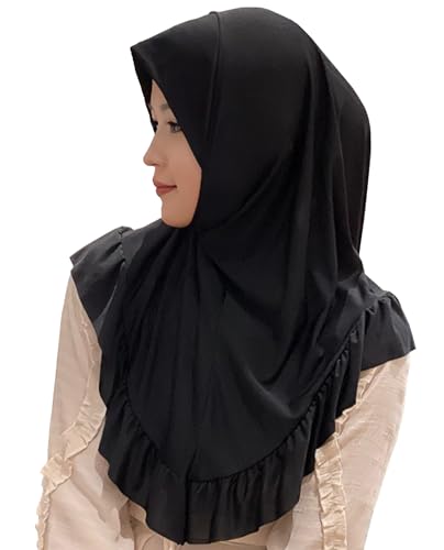 MioCloth Women One Piece Hijabs Elegant Ruffle Trim Soft Beanie Cap Turban Head Wrap Scarf Prayer Veils Headcover - color: Black