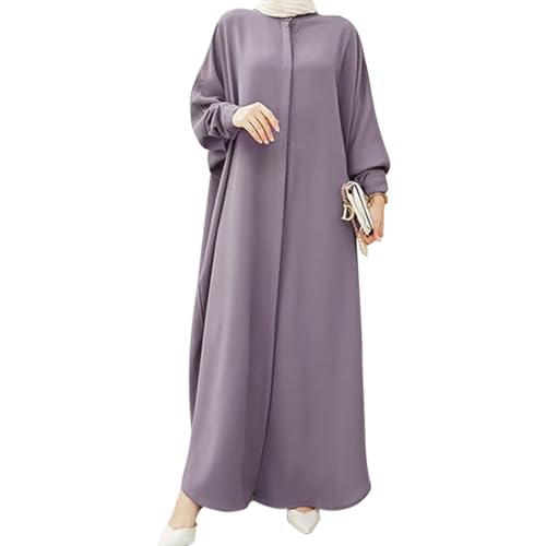 IKADEX Women Batwing Sleeve Abaya Button Loose Fit Long Maxi Muslim Dress Islamic Kaftan Prayer Robe - color: Purple