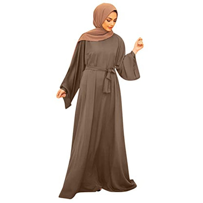 Casual Maxi Dresses for Women Long Sleeve Spring Pleated Flowy A Line Prayer Dress Muslim Dresses with Belt - color: Brown, size: Small