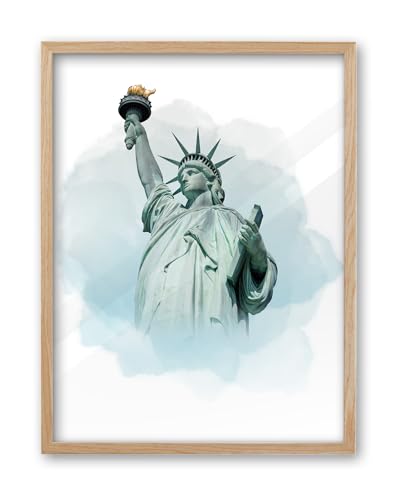 iHery 16x20in Natural OAK Wood Framed Statue of Liberty Wall Art | Watercolor Beige Blue New York City Landmark Canvas Print, Modern Abstract Decor for Bedroom Living Room, 1Pack - color: OAK Framed Statue of Liberty, size: 20"L x 16"W