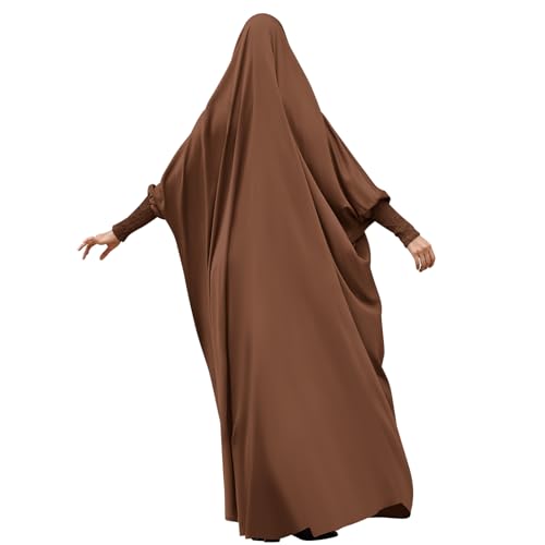 IDOPIP Muslim Abaya for Women One Piece Long Sleeve Islamic Prayer Dress with Hooded Hijab Maxi Kaftan Robe Modest Clothes - color: Coffee
