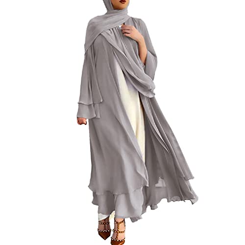 IWEMEK Women Chiffon Muslim Dress Middle East Arabian Robe Islamic Open Front Abaya Long Sleeve Flowy Maxi Cardigan Dress - color: Gray, size: Medium